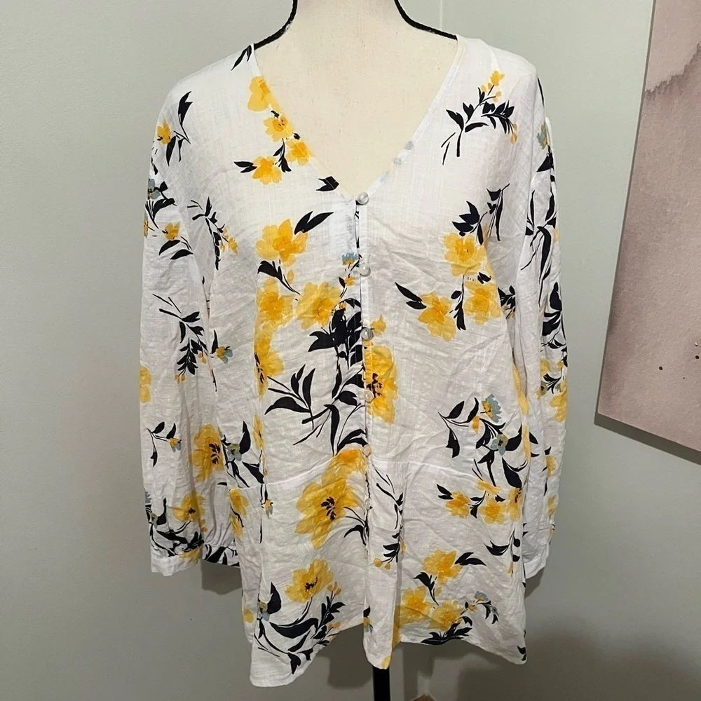 Liz Claiborne Top Womens XL 3/4” Button Peplum Floral Yellow Black White NWT